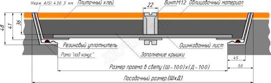 Напольный люк из нержавеющей стали AISI 430 200*200 Напольный люк из нержавеющей стали AISI 430 200*200